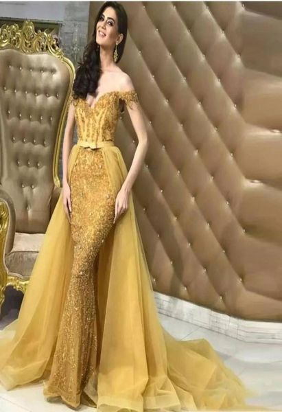 

2022 gold mermaid evening dresses with detachable train off the shoulder bling beaded lace formal prom cocktail party dresses3987478, Black;red
