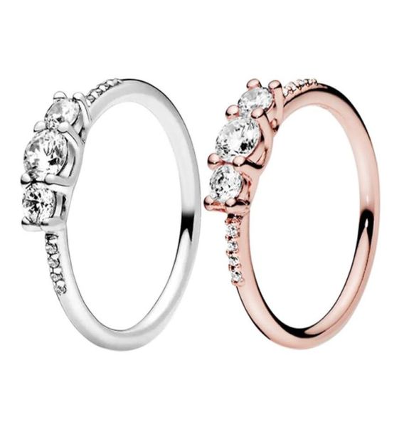 

rose gold three stone ring women girls wedding gift designer jewelry for real 925 sterling silver lover rings with original box set7354977, Slivery;golden