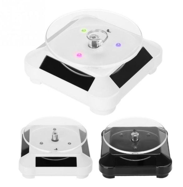 

jewelry organizer 360 degrees solar showcase turntable watch phone jewelry rotation holder box with led light ring box a4353845, Black