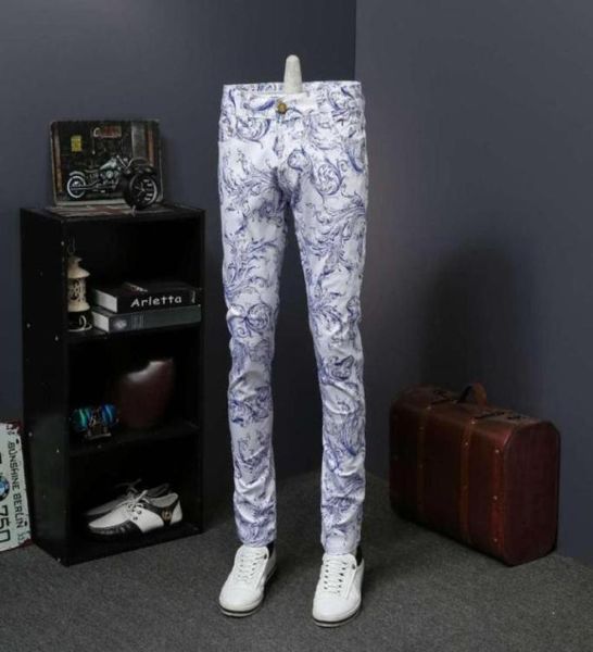 

floral print jeans denim mens skinny jeans casual vaqueros hombre skinny erkek jean pantolon calca masculina48122072848802, Blue