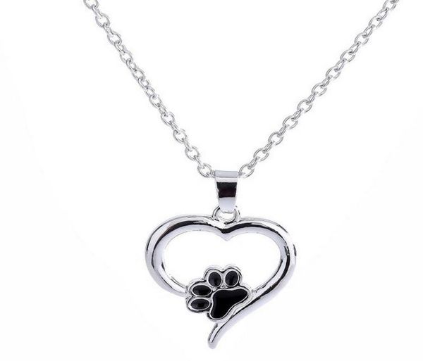 

hollow pet paw print necklaces cute animal dog cat memorial jewelry pet lover puppy paw heart charm black enamel necklace girls1225847, Silver