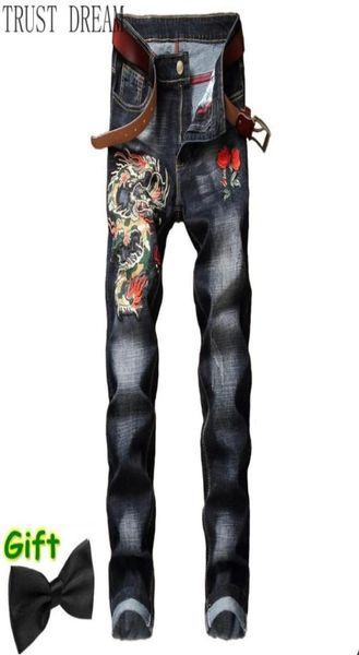 

men039s jeans 2021 men denim pencil pant embroidery stretch red rose dragon mens casual slim trouser power man club hip hop coo4015521, Blue