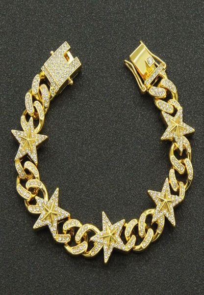 

hip hop threedimensional star full diamond cuban chain bracelet titanium steel bracelet men women tide street wristband5198485, Black