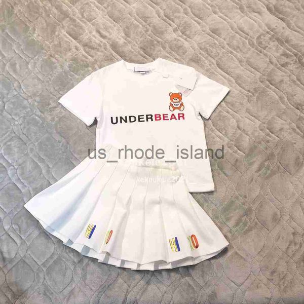 

tshirts summer 2pcsset girls clothing sets for kids girls suit summer short sleeved pullover cotton tshirt with print pleated skirt children, Blue