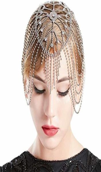 

women bridal headpiece crystal flapper cap hair piece gatsby accessories girls party head band piece jewelry t2005228354583, Slivery;golden