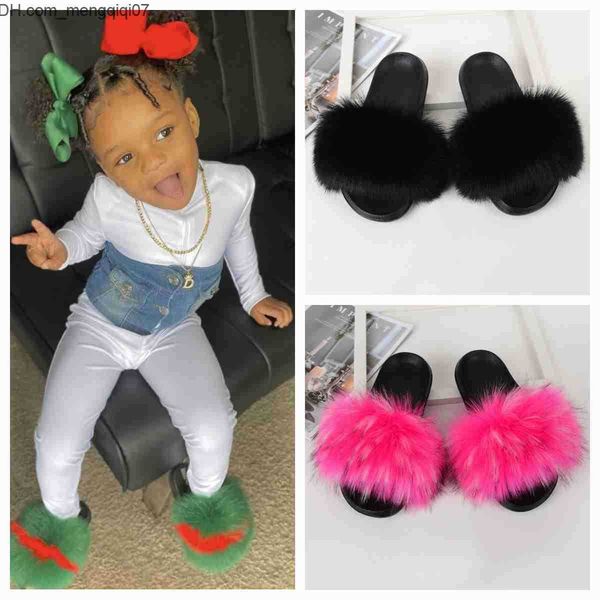 

slipper slipper children' fur slider fluffy artificial raccoon fur slider family floor flip children' summer shoes girls' f, Black;grey