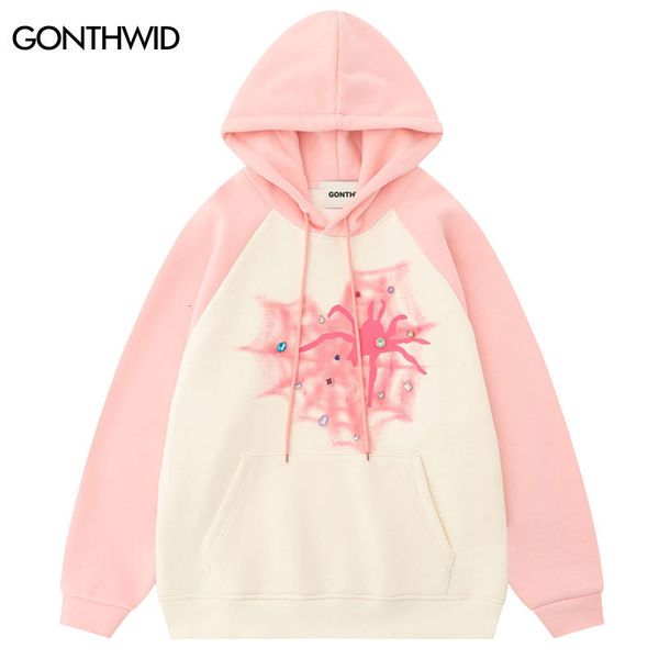 

men's hoodies sweatshirts harajuku hooded sweatshirt y2k hip hop rhinestones spider web graphic print patchwork hoodie streetwear fashi, Black