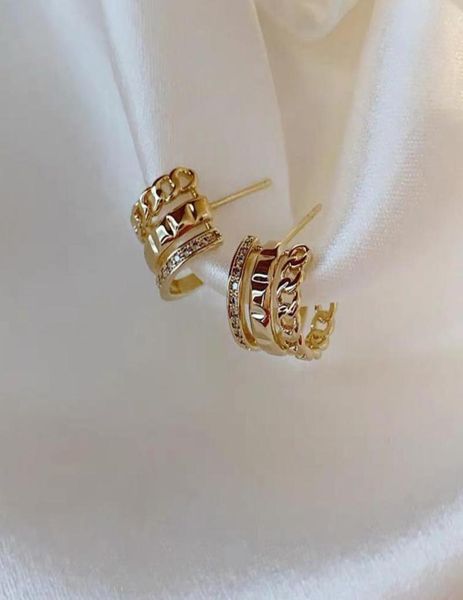 

french minimalist blingbling rhinestone filled chain three rows wide cuff shape stud earrings for women small huggies earrring8582856, Golden;silver