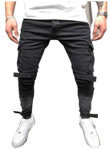 

ebaihui mens black denim slim fit jeans male skinny pencil pants casual cargo pants trousers with pockets straps s4xl3829187, Blue
