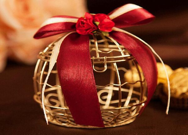 

wedding favor boxes metal gold cage shaped with red ribbon bow creative romantic wedding favors 2018 new arrival dropship3008043