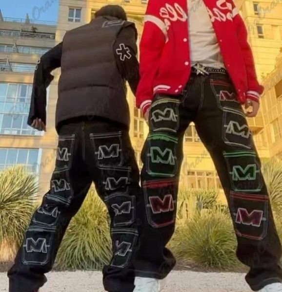 

men039s jeans black plussize  letter multipocket punk vintage y2k pants loose straight leg wide men39s casual trousers1423126, Blue