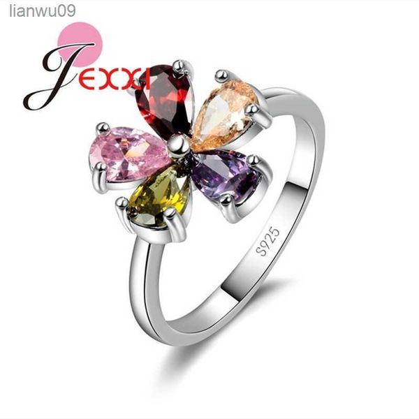 

beautiful flower shape colorful crystal 925 sterling silver women wedding engagement rings fashion party finger jewelry l230704, Golden;silver