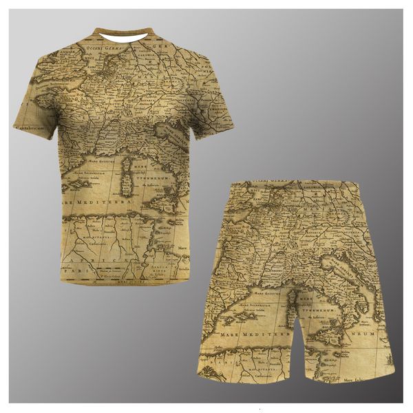 

men's tracksuits men's 2 piece medieval map summer t-shirt shorts 3d printing casual men's suit fashion crew neck beach sport, Gray