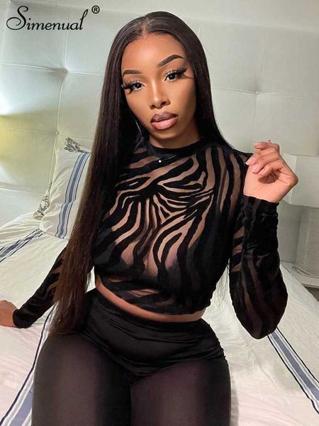 

women's t-shirt simenual mesh flocking black crop woman fall fashion long sleeve crew neck see through t-shirts y2k streetwear clothes, White