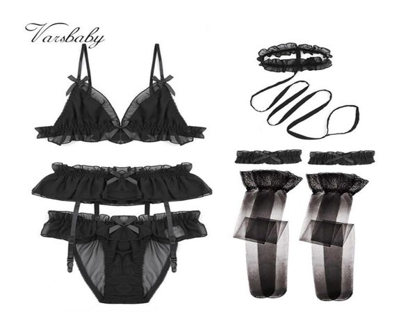 

varsbaby new deep v ruffles 6pcs bras garters panties choker collar bridal garters stockings bra set y2007085296754, Red;black