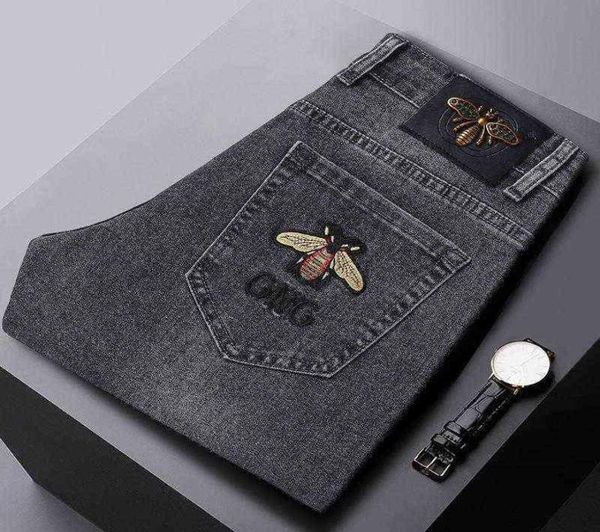 

spring summer jeans young men039s embroidered slim fit small foot elastic casual trend pants8377411, Blue