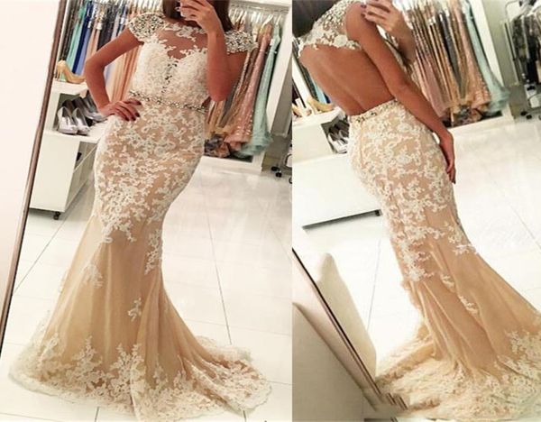 

stunning crystals beading short sleeve prom dress lace mermaid prom dress mermaid sheer jewel lace evening dresses7027678, Black