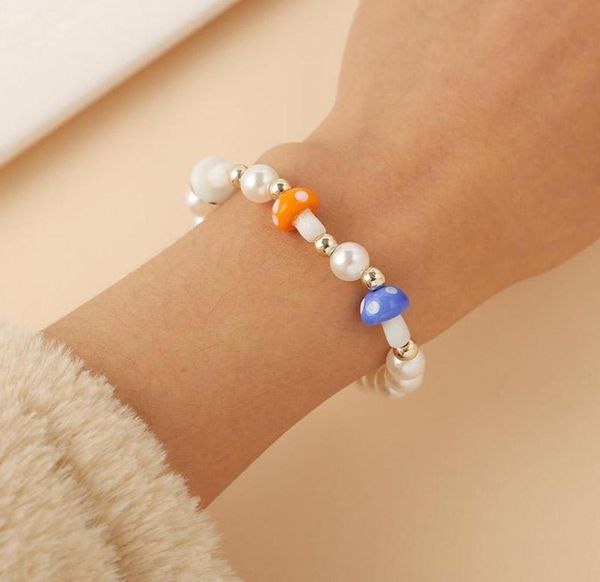 

fashion ladies handmade elastic rope beaded white pearl cute red ceramic mushroom bracelets for women girls gifts jewelry8227992, Golden;silver