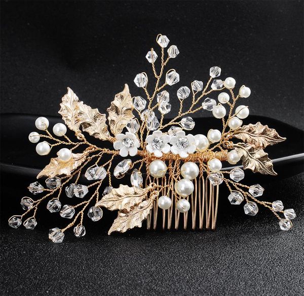 

gold color women hairpieces wedding hair combs handmade crystal pearls bridal hair jewelry accessories jch1687616706, Golden;white