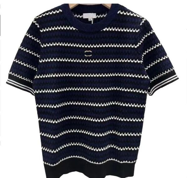 

summer new fashion women's t-shirt designer high-end luxury knits elastic hollowed out c letter decal, White