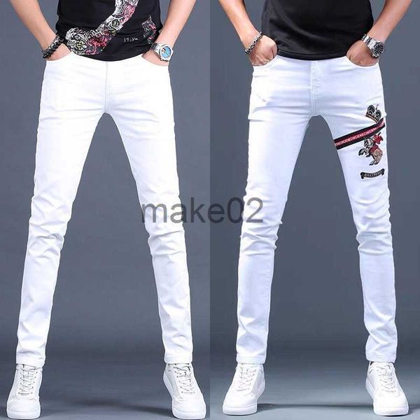 

men's jeans mens slimming white denim cotton pants low stretch prints decors jeans fashion casual pants for men x0714, Blue