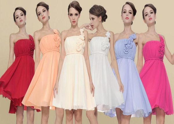 

oneshoulder aline chiffon mini bridesmaid dresses short handmade flower party gown7058877, White;pink
