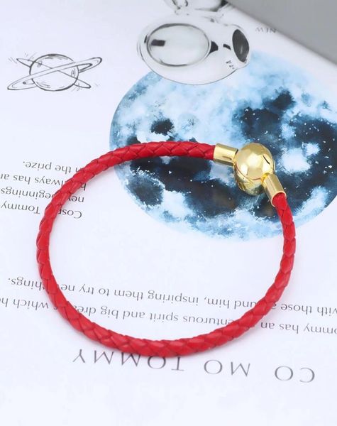 

red 925 sterling silver real leather bracelet set original box for rose gold clasp charm bangle women gift jewelry7162040, Golden;silver