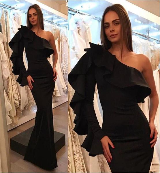 

black mermaid prom dress one shoulder long sleeve ruffles pleated long trumpet formal dresses evening wear celebrity party go2809357