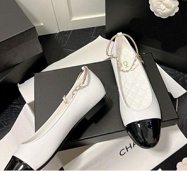 

2023 paris luxury designer fashion ballet flats round head bow women's shoes chain decorated casual soft shoes brand leather flats chan, Black