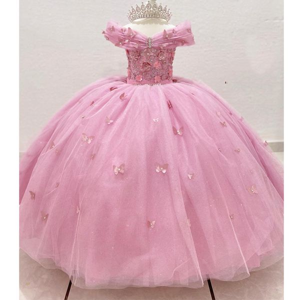 

pink shiny flower girls dress off shoulder princess ball gown for birthday lace crystals beads bow vestidos para ninas, White;red