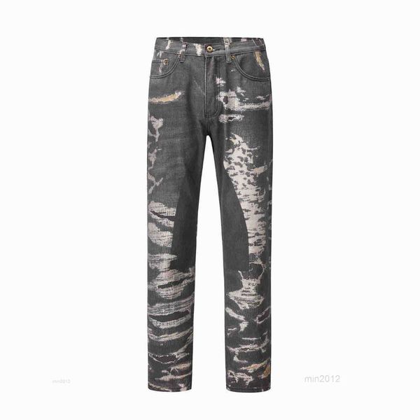 

ins super retro print damaged jeans straight vintage high street dark men hip hop pants fashion labelg0m1, Blue