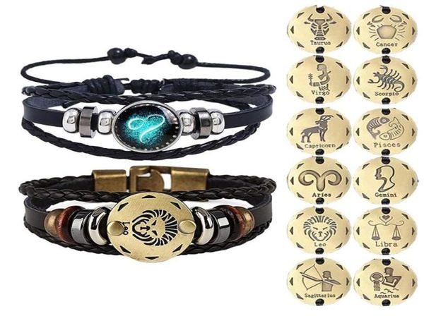 

2pcs 12 constellation bracelet zodiac sign black braided leather bangle aries leo libra luminous dome jewelry punk men bracelet2580312, Golden;silver