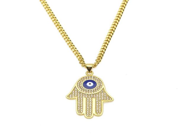 

gold plated fatima hand pendant cz crystal copper material luck hand palm blue necklace chain for women jewelry4094464, Silver