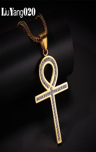 

iced zircon ankh necklace pendant the key of the nile gold color stainless steel chain for men jewelry egyptian cross hip ho7849167, Silver