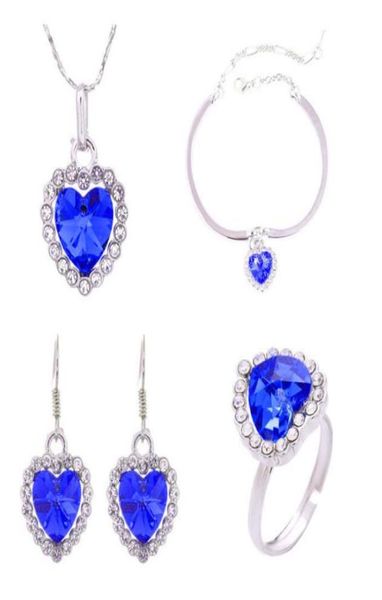 

fashion 18k white gold plated austrian crystal ocean heart necklace bracelet earrings ring jewelry set for women wedding sets 4pcs1150855, Slivery;golden