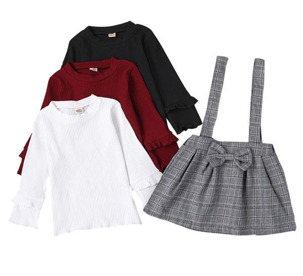 

kids girls skirts sets solid colors lace long sleeve shirts toddler baby lattice skirts girls sling dresses kids casual outfi8180091, White