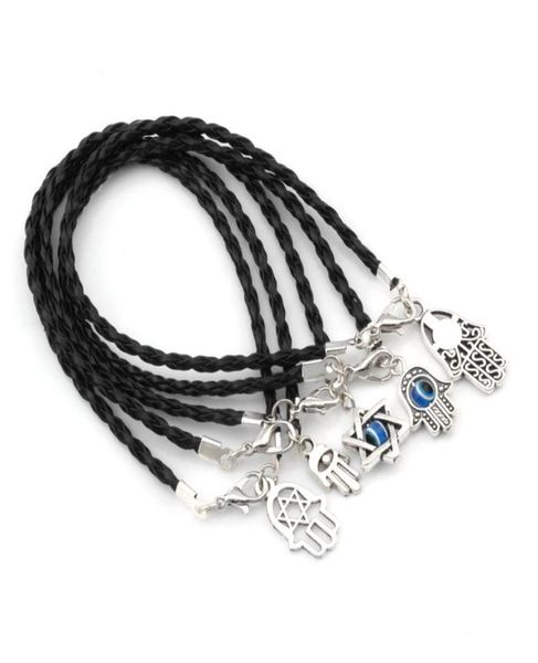 

100pcs mixed kabbalah hamsa hand lucky charms bracelets black leather braided string 17 21cm1654850, Golden;silver