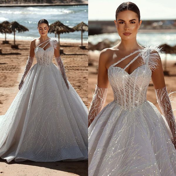 

one shoulder feather ball gown wedding dress illusion sleeveless sequined lace bridal gowns plus size vestido de novia, White