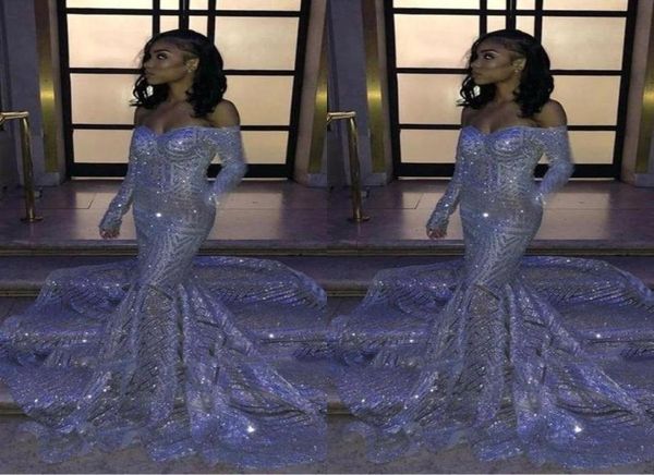 

black girl silver sequins off shoulder mermaid prom dresses long sleeves sweetheart sweep train reflective evening gowns3035488