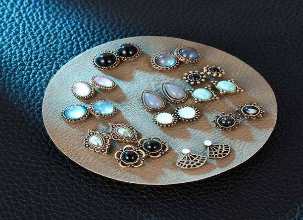

12 pairsset vintage female crystal rhinestone opal stud earrings set for women fashion round geometric flower earring jewelry5609412, Golden;silver