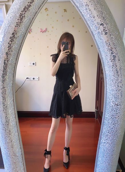 

new s-elf portrait little black dress lace panel sleeveless tank dress, Black;gray
