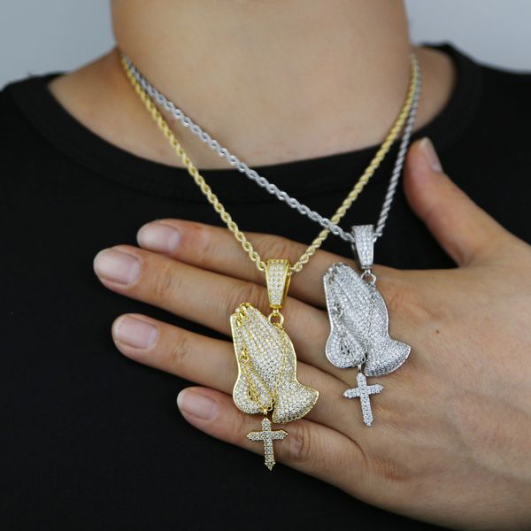 

pray hand cross pendant necklace with rope chain women men boy iced out full paved zirconia hip hop fashion gift jewelry, Silver