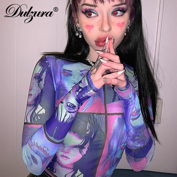 

women's t shirt dulzura mesh sheer women t shirt crop anime print long sleeve gloves patchwork bodycon summer clothes party club 230714, White