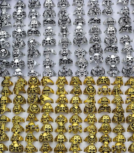 

new 50pcs retro skull skeleton gothic alloy rings whole punk style rings for mens6058899, Silver