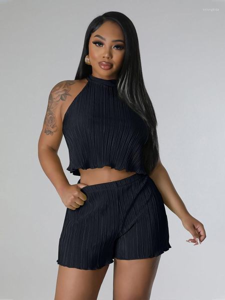 

women's tracksuits fashion women summer solid color pleated 2 piece dress patchwork design halter sleeveless slim short elastic waist, Gray