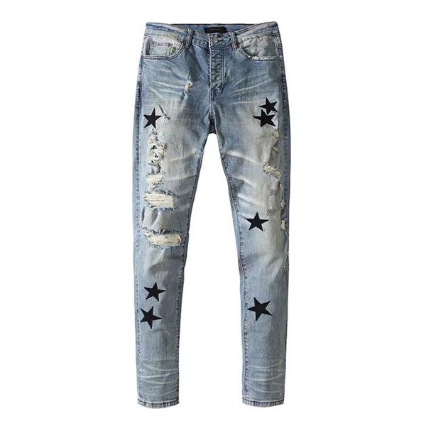 

mens jeans designer jeans for guys rip slim fit skinny man pants orange star patches wearing biker denim slim elastic denim fit moto, Blue