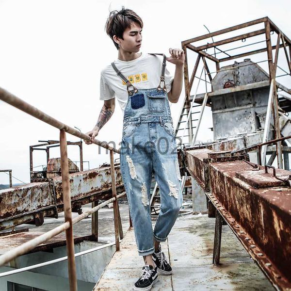 

men's jeans japanese hole denim nine pants men's tide korean version of the locomotive overalls bib size sxl xxxl x0714, Blue