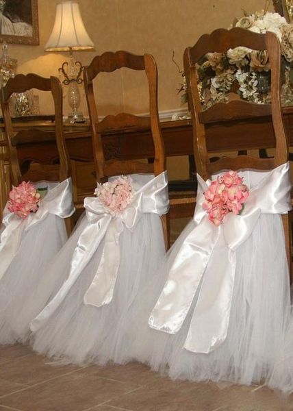 

pure white tutu tulle chair sashes satin bow sash custom made chair skirt ruffles wedding decorations chair covers birthday party 2475532