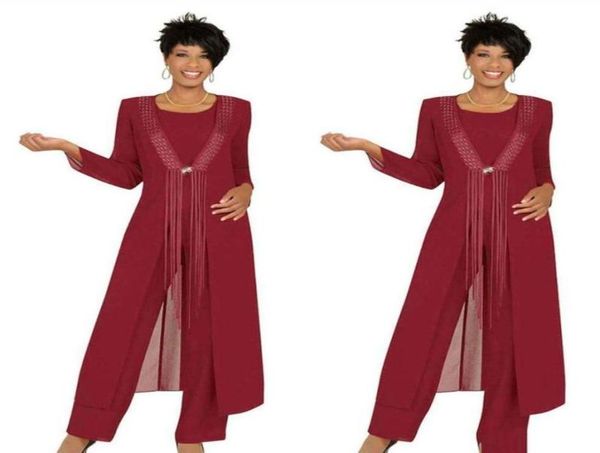 

three piece crimson mother of the bride pant suits with jacket chiffon custom made long sleeve wedding guest dress custom made2006132, Black;red
