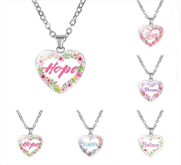

new inspirational heart shape necklaces for women love hope dream believe faith letter glass pendant chains 2019 fashion jewelry8960414, Silver